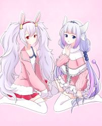 Rule 34 | 2girls, akj-sw, animal ears, azur lane, blue eyes, capelet, chinese commentary, commentary request, crossover, dragon girl, dragon horns, full body, fur trim, hair bobbles, hair ornament, hairband, highres, horns, jacket, kanna kamui, kobayashi-san chi no maidragon, laffey (azur lane), long hair, long sleeves, multiple girls, naganawa maria, off shoulder, open clothes, open jacket, pink background, pink jacket, purple hair, rabbit ears, red eyes, red skirt, simple background, sitting, skirt, tail, thighhighs, twintails, very long hair, voice actor connection, wariza, white legwear