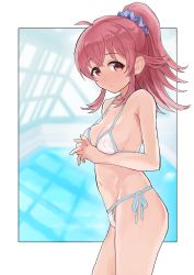 Rule 34 | 1girl, absurdres, ahoge, bare arms, bare shoulders, bikini, breasts, cleavage, commentary request, cowboy shot, female focus, from side, hair ornament, hair scrunchie, high ponytail, highres, huge filesize, idolmaster, idolmaster shiny colors, komiya kaho, labotamochi, long hair, looking at viewer, medium breasts, navel, red eyes, red hair, rei no pool, scrunchie, side-tie bikini bottom, solo, string bikini, swimsuit, white bikini