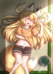 Rule 34 | 1girl, = =, ahoge, animal ear fluff, animal ears, black shorts, blonde hair, blouse, collarbone, commentary request, detached sleeves, drooling, fang, feet out of frame, fox ears, fox tail, from above, hair between eyes, hand under clothes, hand under shirt, highres, horokusa (korai), indoors, knees together feet apart, korai (horokusa), long hair, lying, midriff, mosquito coil, navel, on back, open clothes, open mouth, open shorts, orange shirt, original, panties, pantyshot, shirt, short sleeves, shorts, sleeping, smoke, solo, sunlight, tail, tatami, undershirt, underwear, very long hair, white panties, wide hips