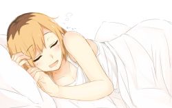 Rule 34 | 1girl, :d, bed sheet, blonde hair, breasts, brown hair, cleavage, closed eyes, collarbone, drooling, from side, lying, miyamori aoi, multicolored hair, on bed, on side, open mouth, pillow, roots (hair), shirobako, shirt, short hair, simple background, sketch, sleeping, sleeveless, sleeveless shirt, small breasts, smile, solo, tahita1874, two-tone hair, under covers, white background, white shirt