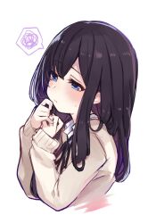 Rule 34 | 1girl, 3:, ao no neko, averting eyes, black hair, blush, collared shirt, cropped torso, from side, highres, long hair, original, own hands together, playing with own hair, school uniform, shirt, simple background, solo, spoken squiggle, squiggle, sweatdrop, sweater, upper body, white background