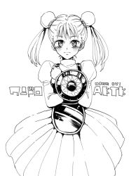 Rule 34 | 1girl, akitaka (s asai), armor, blush, breastplate, buckler, child, chrono cross, cowboy shot, crossed arms, crying, double bun, dress, greyscale, hair bun, hair ornament, juliet sleeves, lineart, long sleeves, looking at viewer, marcy (chrono cross), monochrome, puffy sleeves, shield, solo, tassel, tassel hair ornament, tears, turtleneck, turtleneck dress, white background