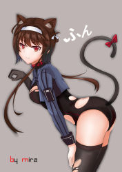 Rule 34 | 1girl, absurdres, animal ears, artist name, bad id, bad pixiv id, blush, brown hair, cat ears, cat tail, collar, cowboy shot, girls&#039; frontline, hairband, highres, looking at viewer, mira-sumter, pout, red eyes, short hair, simple background, solo, tail, thighhighs, torn clothes, type 79 (girls&#039; frontline)