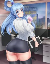 Rule 34 | 1girl, absurdres, aqua (konosuba), ass, black skirt, black thighhighs, blue hair, blush, bracelet, breasts, chair, cityscape, computer, cup, desk, drinking straw, from behind, highres, huge ass, iosiflist, jewelry, kono subarashii sekai ni shukufuku wo!, large breasts, licking lips, long hair, long sleeves, looking at viewer, looking back, no panties, office, office chair, office lady, pencil skirt, shirt, skirt, smoothie, solo, swivel chair, thick thighs, thighhighs, thighs, tongue, tongue out, white shirt, window