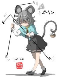 Rule 34 | 1girl, 2017, ahoge, animal ears, basket, bobby socks, capelet, character name, dated, dowsing rod, dress, full body, grey dress, grey footwear, grey hair, inuno rakugaki, jewelry, loafers, long sleeves, mouse (animal), mouse ears, mouse tail, nazrin, nose bubble, pendant, red eyes, shaded face, shoes, short hair, socks, solo, squiggle, sweat, sweatdrop, tail, touhou, wavy mouth, white background, white socks