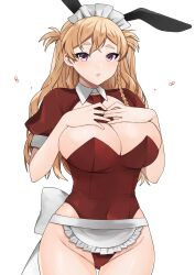 Rule 34 | 1girl, alternate costume, animal ears, apron, bare shoulders, blonde hair, blush, bottle, bow, bowtie, braid, breasts, brown eyes, cleavage, cowboy shot, french braid, hair between eyes, hands on own chest, highres, kantai collection, large breasts, leotard, long hair, looking at viewer, open mouth, playboy bunny, rabbit ears, red leotard, short sleeves, simple background, solo, strapless, strapless leotard, toriniku senshi chikinman, wavy hair, white background, wine bottle, wrist cuffs, zara (kancolle)