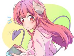 Rule 34 | 1girl, blush, casual, closed mouth, commentary request, curled horns, demon girl, demon tail, floating hair, from side, green background, hair between eyes, handheld game console, highres, holding, holding handheld game console, hood, hood down, hoodie, horns, icorasama, long hair, looking at viewer, machikado mazoku, motion lines, nintendo switch, notice lines, pink hoodie, red eyes, red hair, simple background, solo, tail, tareme, two-tone background, upper body, white background, yoshida yuuko (machikado mazoku)