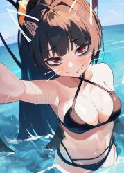 Rule 34 | 1girl, absurdres, armpit crease, bags under eyes, bare shoulders, bikini, black bikini, black hair, blue archive, blush, breasts, cleavage, closed mouth, collarbone, commentary, criss-cross halter, day, dio nand, from above, halterneck, highres, large breasts, long hair, navel, ocean, outdoors, ponytail, red eyes, selfie, side-tie bikini bottom, smile, solo, stomach, sunlight, swimsuit, tsurime, tsurugi (blue archive), tsurugi (swimsuit) (blue archive), very long hair, water, wavy mouth, wet