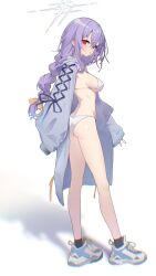 Rule 34 | 1girl, atsuko (blue archive), bikini, blue archive, blush, braid, breasts, collarbone, from side, gloves, grey halo, groin, halo, harenchi, highres, hood, hooded jacket, jacket, long hair, looking at viewer, low twin braids, medium breasts, open clothes, purple hair, red eyes, shoes, sideboob, simple background, sneakers, solo, swimsuit, twin braids, white background, white bikini, white jacket