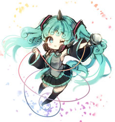 Rule 34 | 1girl, ;3, aqua eyes, aqua hair, armpits, blush, boots, cosplay, curly hair, detached sleeves, hatsune miku, hatsune miku (cosplay), headphones, horns, komano aunn, looking at viewer, microphone, necktie, one eye closed, petals, piyokichi, single horn, skirt, skirt set, smile, solo, tail, thigh boots, thighhighs, touhou, twintails, vest, vocaloid