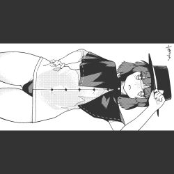 Rule 34 | 1girl, capelet, commentary, gluteal fold, greyscale, hand on own hip, hat, hat tip, huxiao (mistlakefront), leotard, letterboxed, monochrome, see-through, see-through shirt, sideways, signature, smile, solo, thighs, top hat, touhou, usami renko