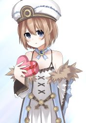 Rule 34 | 10s, 1girl, bad id, bad link, bad twitter id, bare shoulders, blanc (neptunia), blue eyes, blush, box, brown hair, buran buta, fur trim, gift, gift box, hat, heart, heart-shaped box, highres, holding, holding gift, looking at viewer, neptune (series), open mouth, ribbon, short hair, solo, valentine