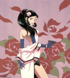 Rule 34 | 1990s (style), 1girl, black eyes, black hair, blue eyes, earrings, elbow gloves, flower, giant robo, ginrei (giant robo), gloves, gun, gun holster, hair flower, hair ornament, highres, holster, jewelry, long hair, looking back, official art, pink flower, pink rose, ponytail, retro artstyle, rose, scan, smile, solo, weapon