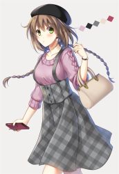 Rule 34 | 1girl, :/, bad id, bad pixiv id, bag, beret, black hat, black nails, black skirt, blush, braid, breasts, brown hair, casual, cellphone, checkered clothes, checkered skirt, closed mouth, collarbone, color guide, commentary request, earrings, feet out of frame, from side, green eyes, grey background, hair between eyes, hand up, handbag, hat, hayakawa (hayakawa illust), high-waist skirt, holding, holding phone, jewelry, long hair, looking at viewer, medium breasts, nail polish, original, partial commentary, phone, pom pom (clothes), pom pom earrings, purple sweater, ribbed sweater, simple background, skirt, smartphone, solo, suspender skirt, suspenders, sweater, twin braids, walking, watch, wristwatch