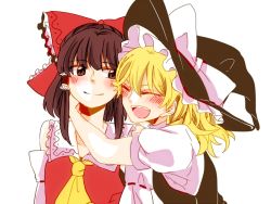 Rule 34 | 2girls, ascot, bad id, bad pixiv id, bare shoulders, blonde hair, blush, bow, brown eyes, brown hair, detached sleeves, closed eyes, hair bow, hair tubes, hakurei reimu, hat, hat bow, hug, kirisame marisa, looking at another, multiple girls, nontraditional miko, open mouth, short hair, simple background, smile, souta (karasu no ouchi), touhou, turtleneck, upper body, vest, white background, witch hat