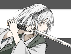 1girl absurdres black_hairband bob_cut brown_eyes commentary_request expressionless fighting_stance grey_background hairband highres holding holding_sword holding_weapon japanese_clothes kataginu katana kimono konpaku_youmu medium_hair muted_color profile shimoda_masaya simple_background solo sword sword_guard_stance touhou upper_body weapon white_background white_hair white_kimono