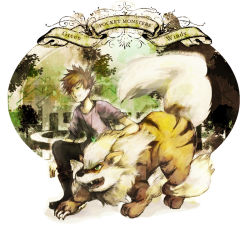 Rule 34 | 1boy, arcanine, bad id, bad pixiv id, blue oak, boots, brown hair, creature, creatures (company), english text, fangs, fighting stance, game freak, gary oak, gen 1 pokemon, green eyes, grin, house, jewelry, kneeling, long sleeves, male focus, necklace, nintendo, pants, pendant, pokemon, pokemon (anime), pokemon (creature), sin (hitonatsu), sleeves rolled up, smile, spiked hair, sweater, teeth, tree