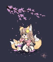 Rule 34 | 1girl, animal, animal ears, annytf, bare shoulders, branch, brown eyes, brown hair, cherry blossoms, crop top, dark background, flower, flower clothes, flower on head, fox, fox ears, fox girl, fox tail, full body, grey background, hair flower, hair ornament, happy, headpat, highres, indie virtual youtuber, long hair, looking at animal, mascot, open mouth, petting, phlyo, pink flower, pink shirt, pink top, shirt, simple background, sitting, smile, star (symbol), star hair ornament, tail, virtual youtuber