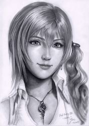 Rule 34 | 10s, 1girl, b-agt, final fantasy, final fantasy xiii, graphite (medium), greyscale, jewelry, lips, long hair, monochrome, necklace, realistic, serah farron, side ponytail, signature, solo, traditional media, upper body