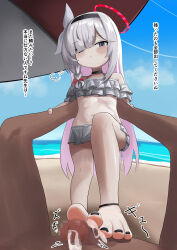 1girl absurdres barefoot beach blue_archive blush cum denki_anma ejaculation feet footjob grey_eyes hair_over_one_eye hairband highres long_hair looking_at_viewer lts_kakuyo parasol plana_(blue_archive) swimsuit toes translated umbrella white_hair