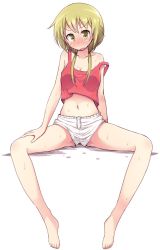 Rule 34 | 1girl, bad id, bad proportions, bad twitter id, barefoot, blonde hair, blush, breasts, cleavage, crop top, crop top overhang, feet, full-face blush, full body, highres, ichii yui, looking at viewer, mel (melty pot), midriff, navel, open mouth, short shorts, shorts, solo, strap slip, sweat, tank top, twintails, yellow eyes, yuyushiki