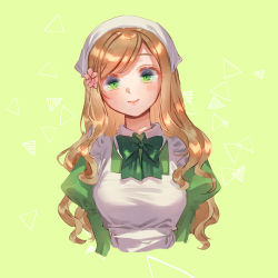 Rule 34 | 1girl, apron, arms at sides, axis powers hetalia, blush, bow, bowtie, breasts, brown hair, closed mouth, cropped torso, dress, flower, green background, green bow, green bowtie, green dress, green eyes, hair flower, hair ornament, hatake hukuro, headdress, hungary (hetalia), juliet sleeves, long hair, long sleeves, medium breasts, puffy sleeves, smile, solo, swept bangs, wavy hair