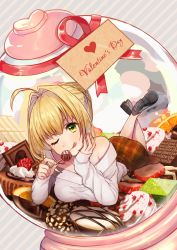 Rule 34 | 10s, 1girl, ;p, ahoge, alternate costume, arm support, bad id, bad pixiv id, bare shoulders, black footwear, blush, braid, breasts, brown skirt, chocolate, closed mouth, commentary request, diagonal stripes, fate/extra, fate (series), fingernails, food, green eyes, hair between eyes, hair bun, hair intakes, head tilt, heart, highres, holding, holding food, in container, kurono kito, large breasts, long sleeves, lying, nero claudius (fate), nero claudius (fate) (all), nero claudius (fate/extra), off-shoulder shirt, off shoulder, on stomach, one eye closed, plaid, plaid skirt, shirt, shoe soles, shoes, sidelocks, single hair bun, skirt, sleeves past wrists, smile, solo, striped, striped background, tongue, tongue out, transparent, valentine, white shirt