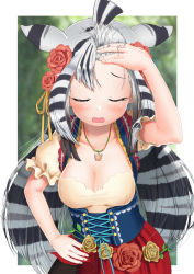 Rule 34 | 1girl, animal ears, arm up, bare arms, black hair, blush, bodice, border, breasts, chapman&#039;s zebra (kemono friends), cleavage, closed eyes, collarbone, cowboy shot, dirndl, extra ears, facing viewer, fingernails, flower, forehead, german clothes, hair flower, hair lift, hair ornament, hand on own hip, hand on own forehead, holding, holding hair, jewelry, kemono friends, long hair, medium breasts, multicolored hair, official alternate costume, open mouth, outside border, pendant, plunging neckline, puffy short sleeves, puffy sleeves, rose, short sleeves, sigh, solo, streaked hair, striped hair, two-tone hair, very long hair, white border, white hair, yumeumi sousaku, zebra ears
