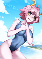 Rule 34 | 10s, 1girl, absurdres, ashido mina, beach, black sclera, blush, boku no hero academia, colored sclera, colored skin, covered navel, cowboy shot, day, highleg, highleg swimsuit, highres, horns, looking at viewer, one-piece swimsuit, open mouth, outdoors, pink hair, pink skin, short hair, signature, solo, swimsuit, wavy mouth, x-boy, yellow eyes