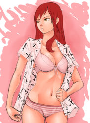 Rule 34 | 1girl, bra, breasts, brown eyes, cleavage, erza scarlet, fairy tail, groin, hair down, kyoffie, large breasts, long hair, navel, no pants, open clothes, open shirt, panties, pink bra, pink panties, red hair, shirt, solo, striped clothes, striped panties, underwear