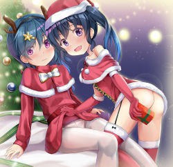 Rule 34 | 2girls, :d, ass, bare shoulders, black hairband, blue hair, blush, bow, box, capelet, christmas, christmas ornaments, christmas tree, closed mouth, commentary request, convenient censoring, dress, elbow gloves, fake antlers, fang, fur-trimmed capelet, fur-trimmed dress, fur-trimmed gloves, fur-trimmed headwear, fur-trimmed legwear, fur trim, garter straps, gift, gift box, gloves, hair between eyes, hair ornament, hairband, hairclip, hat, heart, holding, holding gift, long hair, long sleeves, looking at viewer, looking to the side, migumi (niiya), minami (niiya), multiple girls, niiya, open mouth, original, panties, panties under pantyhose, pantyhose, pom pom (clothes), purple eyes, red capelet, red dress, red gloves, red hat, red legwear, ribbed dress, santa costume, santa hat, sleeves past wrists, smile, star (symbol), star hair ornament, thighband pantyhose, thighhighs, twintails, underwear, white bow, white legwear