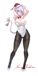 Rule 34 | 1girl, ahoge, animal ears, arms up, bare arms, bell, blue hair, bow, bowtie, breasts, brown pantyhose, cat ears, cat girl, cat tail, colored inner hair, covered navel, detached collar, full body, hair between eyes, hat, highres, hololive, kaneko (bblogtinhan), kittysuit, large breasts, leotard, looking at viewer, merry christmas, multicolored hair, nekomata okayu, nontraditional playboy bunny, pantyhose, parted lips, purple eyes, purple hair, red bow, red bowtie, red ribbon, ribbon, santa hat, shoes, short hair, solo, strapless, strapless leotard, tail, tail bell, tail ornament, tail ribbon, thighband pantyhose, virtual youtuber, white footwear, white leotard