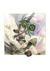 Rule 34 | 1girl, arknights, bare shoulders, breasts, crop top, gavial (arknights), gavial the invincible (arknights), green hair, highres, holding, holding staff, long hair, looking at viewer, medium breasts, midriff, navel, parted lips, pipidan, ponytail, solo, staff, stomach, thighs, yellow eyes