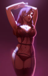 Rule 34 | 1girl, armpits, arms up, backlighting, bra, breasts, cleavage, commentary, earrings, english commentary, eyeshadow, fishnets, garter straps, hair over one eye, jessica rabbit, jewelry, lace, lace-trimmed bra, lace-trimmed legwear, lace trim, large breasts, lingerie, lipstick, looking at viewer, makeup, nail polish, navel, panties, rennerei, solo, stage lights, thighhighs, underwear, underwear only, who framed roger rabbit