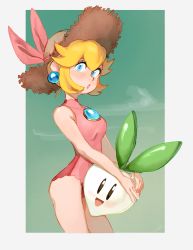 Rule 34 | 1girl, :d, :o, absurdres, bare arms, bare shoulders, blonde hair, blue eyes, brooch, cowboy shot, earrings, food, hair ribbon, hat, highres, holding, holding food, jewelry, leotard, looking at viewer, mario (series), nintendo, open mouth, pink leotard, princess peach, ribbon, smile, standing, straw hat, super mario bros. 2, turnip, zambiie