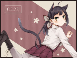 Rule 34 | 1girl, animal ears, arm support, bad id, bad pixiv id, black border, black footwear, black hair, blush, boots, border, cat day, cat ears, cat tail, closed mouth, cross-laced footwear, dated, expressionless, from behind, fujinami (kancolle), grey pantyhose, hair ribbon, highres, kantai collection, kemonomimi mode, knee boots, lace-up boots, leg up, long hair, long sleeves, looking at viewer, looking back, lying, miroku san-ju, on stomach, pantyhose, purple skirt, ribbon, shirt, side ponytail, skirt, solo, striped, striped background, tail, tsurime, vertical stripes, white ribbon, white shirt