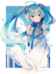 Rule 34 | 1girl, adjusting hair, amagi hana, antenna hair, aqua hair, aqua necktie, arm up, black sleeves, blue sky, border, breasts, cloud, commentary request, detached sleeves, dress, dress tug, hatsune miku, highres, light smile, long hair, looking at viewer, medium breasts, necktie, number tattoo, ocean, outdoors, railing, shoulder tattoo, sky, solo, sundress, tattoo, twintails, vocaloid, white dress
