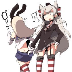 Rule 34 | 10s, 2girls, amatsukaze (kancolle), black dress, black panties, blonde hair, commentary request, dokan (dkn), dress, elbow gloves, garter straps, gloves, hair tubes, kantai collection, long hair, long sleeves, multiple girls, open mouth, panties, sailor dress, shimakaze (kancolle), short dress, side-tie panties, silver hair, simple background, smile, striped clothes, striped legwear, striped thighhighs, thighhighs, translation request, underwear, very long hair, white background, white gloves, zettai ryouiki
