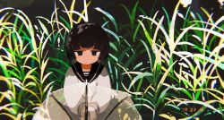 Rule 34 | 1girl, black eyes, black hair, black sailor collar, bob cut, butudan butugu, chromatic aberration, closed mouth, commentary, dated, day, dot mouth, dot nose, film grain, grass, highres, holding, holding umbrella, jitome, long sleeves, looking at viewer, neckerchief, original, outdoors, own hands together, plant, sailor collar, segment display, shirt, short hair, solo, standing, symbol-only commentary, timestamp, transparent, transparent umbrella, umbrella, upper body, white neckerchief, white shirt