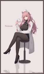 Rule 34 | 1girl, absurdres, animal ears, artist name, black footwear, black pantyhose, black skirt, black sweater, border, breasts, brown border, cat ears, cat girl, character name, coat, crossed legs, cup, girls&#039; frontline, girls&#039; frontline neural cloud, high heels, highres, holding, holding cup, lab coat, large breasts, mitiglinide, mug, open clothes, open coat, pantyhose, persicaria (neural cloud), pink eyes, pink hair, pixel art, ribbed sweater, simple background, sitting, skirt, smile, solo, stool, sweater, thighs, white background