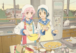 Rule 34 | 2girls, :d, apron, baking, blue hair, bowl, cooking, day, graphite (medium), happy, head scarf, highres, indoors, kitchen, mixed media, mixer, multiple girls, open mouth, original, pink hair, power lines, school uniform, shiwasu takashi, smile, traditional media, whisk, window