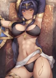 Rule 34 | 1girl, armpits, arms up, artist name, black panties, blue eyes, blue hair, blue sleeves, blush, breasts, candace (genshin impact), cleavage, closed mouth, commentary, detached sleeves, english commentary, female focus, from above, genshin impact, heterochromia, highres, kimoshi, large breasts, long hair, long sleeves, looking at viewer, lying, mixed-language commentary, muscular, muscular female, navel, on back, panties, solo, thighs, underwear, yellow eyes