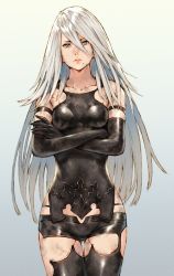 Rule 34 | bare shoulders, collarbone, crossed arms, elbow gloves, gloves, grey eyes, highres, makimura shunsuke, mole, mole under mouth, nier (series), nier:automata, short shorts, shorts, silver hair, solo, thighhighs, a2 (nier:automata)