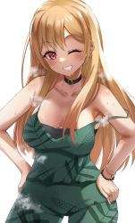 Rule 34 | 1girl, blonde hair, bracelet, breasts, choker, cleavage, collarbone, eyelashes, fingernails, green pants, green shirt, grin, gyaru, hands on own hips, highres, jewelry, kamoromance614, kitagawa marin, long hair, looking at viewer, loose clothes, loose shirt, multicolored hair, nail polish, one eye closed, pants, pink nails, print pants, print shirt, red eyes, ring, shirt, simple background, sleeveless, smile, sono bisque doll wa koi wo suru, steam, steaming body, strap, strap slip, sweat, two-tone hair, white background