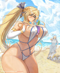 Rule 34 | 2girls, beach, black blindfold, blindfold, blonde hair, blue sky, breast hold, breasts, bubble tea challenge, cloud, cloudy sky, drinking, drinking straw, elbow gloves, gloves, goblin slayer!, highres, large breasts, long hair, multiple girls, navel, nun, patreon logo, patreon username, pointing, ponytail, sand, sidelocks, sky, stomach, swept bangs, swimsuit, sword, sword maiden, thick thighs, thighs, traditional nun, voidmakerz, water, weapon, wide hips