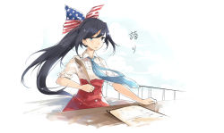 Rule 34 | 10s, 1girl, american flag, apron, blue eyes, blue necktie, bow, flag print, hair bow, highres, kantai collection, mecha musume, necktie, original, ponytail, print bow, quill, railing, simple background, solo, star (symbol), star print, table, upper body, uss missouri (bb-63), white background, yorktown cv-5