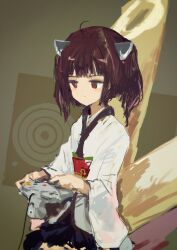 Rule 34 | 1girl, absurdres, ahoge, black skirt, brown background, brown hair, closed mouth, commentary request, controller, cowboy shot, expressionless, game controller, hands up, headgear, highres, holding, holding controller, holding game controller, japanese clothes, jitome, kabuyama kaigi, kimono, kiritanpo (food), light blush, looking ahead, medium hair, nintendo 64 controller, obi, oversized food, oversized object, playing games, red eyes, sash, short kimono, skirt, solo, touhoku kiritan, twintails, voiceroid, white kimono, wide sleeves
