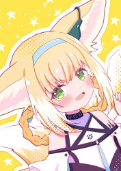 Rule 34 | 1girl, absurdres, animal ear fluff, animal ears, arknights, bare shoulders, blonde hair, blue hairband, blush, braid, braided hair rings, cherry1209, clothing cutout, colored tips, commentary, earpiece, fox ears, fox girl, fox tail, green eyes, hair rings, hairband, highres, infection monitor (arknights), kitsune, kyuubi, material growth, multicolored hair, multiple tails, open mouth, oripathy lesion (arknights), short hair, shoulder cutout, solo, suzuran (arknights), tail, twin braids, two-tone hair, white hair