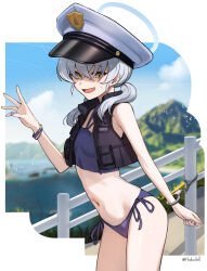 Rule 34 | 1girl, beruko14, bikini, black vest, blue archive, blue bikini, blue halo, chain, cowboy shot, crossed bangs, cuffs, fang, fingernails, flat chest, grey hair, hair between eyes, halo, hat, highres, long hair, looking at viewer, nail polish, open clothes, open mouth, open vest, peaked cap, purple nails, shackles, solo, swimsuit, twitter username, valkyrie police academy student (blue archive), vest, white hat, yellow eyes