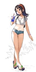 Rule 34 | 1girl, :d, backpack, bag, bare legs, blue eyes, blue shorts, brown hair, colored inner hair, crop top, cropped shirt, cup, denim, denim shorts, disposable cup, drinking straw, fang, full body, hairband, highres, holding, holding cup, long hair, long legs, micro shorts, midriff, multicolored hair, navel, one-piece tan, open mouth, orange hairband, original, purple hair, sandals, sekiya asami, shirt, shorts, sketch, skin fang, smile, solo, standing, stomach, tan, tanline, walking, white background, white shirt, wristband